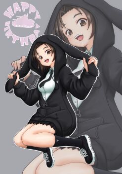 Rule 34 | 1girl, absurdres, amanone yun, animal ears, black necktie, black socks, blush, breasts, brown eyes, brown hair, commentary request, fake animal ears, girls und panzer, grey background, highres, hood, hoodie, looking at viewer, medium breasts, necktie, open mouth, rabbit ears, sawa azusa, short hair, simple background, smile, socks, solo