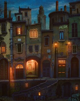 building chimney cityscape door francisco_fonseca graffiti highres hotel house lamppost no_humans original power_lines road_sign scenery sign stairs stone_stairs tree urban window window_light