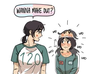 2girls afterimage arms_at_sides arrow_(symbol) black_eyes blush breasts brown_hair cho_hyun-ju closed_mouth clothes_writing collarbone commentary earrings english_commentary english_text eye_contact flat_chest frown green_sleeves hair_between_eyes hair_tie highres jewelry kim_young-mi kleahvii lesbian_flag long_sleeves looking_at_another low_ponytail medium_breasts meme multiple_girls no_pupils nodding nose_blush open_mouth ponytail profile raglan_sleeves shirt short_hair short_ponytail short_sleeves sideways_glance simple_background speech_bubble squid_game stud_earrings t-shirt tareme thick_eyebrows transgender_flag wanna_make_out?_(meme) white_background white_shirt yuri