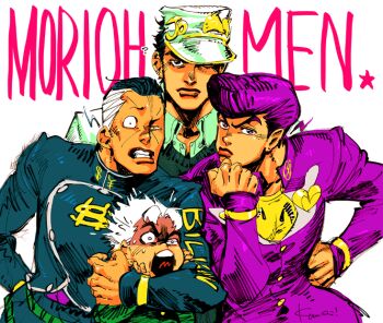 4boys ? bad_id bad_tumblr_id belt buttons clenched_teeth commentary crest diamond_wa_kudakenai dollar_sign earrings english_commentary gakuran green_belt green_jacket green_shirt group_picture hand_on_own_hip hat hat_over_one_eye higashikata_josuke hirose_koichi jacket jewelry jojo_no_kimyou_na_bouken kotteri kuujou_joutarou looking_at_viewer male_focus multiple_boys nijimura_okuyasu pompadour purple_eyes purple_hair purple_jacket red_lips school_uniform shirt short_hair simple_background strangling teeth thick_eyebrows upper_body white_background white_hair yellow_shirt