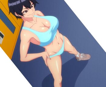 blue_bra blue_panties bra brown_eyes dark_hair_female grin hands_on_own_hips kokonoe_aki kokonoe_aki_(modaete_yo_adam-kun) locker locker_room panties shoes short_hair smile smirk underwear