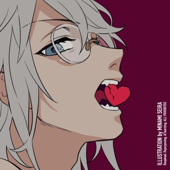 Rule 34 | 1boy, artist name, blue eyes, commentary, commentary request, cracked heart, ethnina kyo (tate no yuusha no nariagari), fangs, from side, hair between eyes, head only, heart, licking, licking heart, looking at viewer, looking to the side, male focus, medium hair, messy hair, minami seira, nose, open mouth, purple background, rimless eyewear, round eyewear, simple background, solo, tate no yuusha no nariagari, tongue, untranslatable commentary, v-shaped eyebrows, watermark, white hair