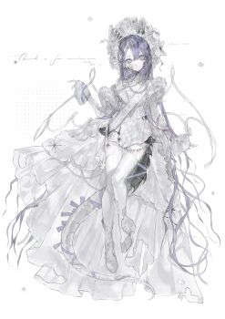 1girl absurdres bonnet dress frills full_body hair_between_eyes hair_ornament heilanshuimuchu highres long_hair long_sleeves original puffy_sleeves purple_eyes purple_hair ribbon simple_background solo star_(symbol) tail thighhighs very_long_hair white_background white_bonnet white_dress