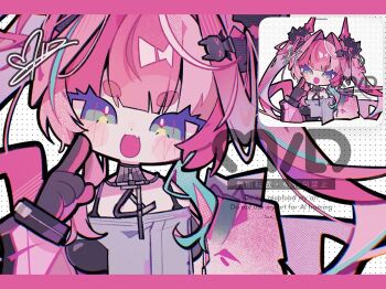 1girl :d arknights arknights:_endfield black_gloves black_horns blue_hair blunt_bangs blush_stickers bracelet breasts chibi colored_eyelashes commentary crop_top detached_sleeves diamond-shaped_pupils diamond_(shape) double-parted_bangs fang gloves green_eyes hair_intakes halftone head_tilt highres horns iridescent jewelry long_hair looking_at_viewer loose_hair_strand medium_breasts mid_(doa_3d) multicolored_hair multiple_views open_mouth pink_gloves pink_hair pink_horns pointing pointing_at_self purple_eyes ribbon signature skin_fang smile streaked_hair symbol-only_commentary symbol-shaped_pupils thick_eyelashes twintails yvonne_(arknights)