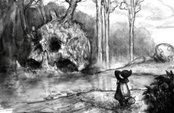 1girl day facing_away from_behind giant_skull greyscale hat long_hair low-tied_long_hair monochrome nature original outdoors overgrown pon_(tab_rasa) pond robe scenery skull solo standing tree very_long_hair wide_shot witch witch_hat