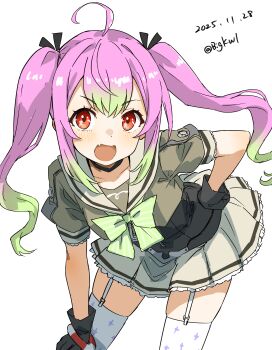 1girl :d absurdres ahoge bigkwl black_ribbon blush commentary cowboy_shot double-parted_bangs fang garter_straps green_hair grey_skirt hair_ribbon hand_on_own_hip highres kantai_collection long_hair looking_at_viewer miniskirt momo_(kancolle) open_mouth pink_hair pleated_skirt ribbon simple_background skin_fang skirt smile solo twintails white_background