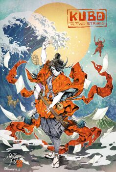 1boy black_hair copyright_name eyepatch full_body gourd instrument japanese_clothes kubo_(kubo_and_the_two_strings) kubo_and_the_two_strings male_focus monkey monkey_(kubo_and_the_two_strings) moon music origami pants pants_tucked_in paper paper_hanzo playing_instrument samurai sandals shamisen shiki_karuta socks topknot waves white_socks