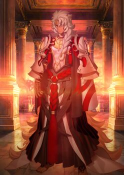 Rule 34 | 1boy, absurdly long hair, arm tattoo, armor, barefoot, black nails, bracelet, braid, breastplate, brown eyes, closed mouth, dark-skinned male, dark skin, facial mark, fate/grand order, fate (series), foot out of frame, foot tattoo, frown, game cg, gold choker, hair tie, jewelry, long hair, looking at viewer, male focus, multiple bracelets, official art, ring, robe, solo, solomon (fate), standing, sunset, takeuchi takashi, tattoo, third-party source, toes, very long hair, warm colored, white hair