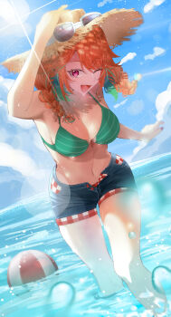 1girl absurdres ball beachball bikini braid breasts choker commentary denim denim_shorts earrings english_commentary eyewear_on_head feather_earrings feathers green_bikini green_choker hat highres hololive hololive_english jewelry kizawayoh lens_flare looking_at_viewer navel ocean official_alternate_costume one_eye_closed open_clothes open_mouth open_shorts orange_hair purple_eyes shorts smile solo straw_hat sunglasses swimsuit takanashi_kiara takanashi_kiara_(casual) twin_braids virtual_youtuber wading