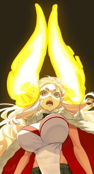 1girl absurdres angry anila_(granblue_fantasy) blonde_hair breasts cape cleavage draph glowing_horns granblue_fantasy highres horns large_breasts open_mouth ryoyu_(ryoyustarlight) skirt yellow_eyes