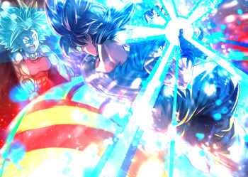 1boy 1girl abs black_hair breasts dragon_ball dragon_ball_super earrings energy green_hair jewelry kamehameha_(dragon_ball) kefla_(dragon_ball) mattari_illust muscular muscular_female open_mouth pants potara_earrings shirt sleeveless son_goku spiked_hair surprised torn_clothes tournament_of_power twitter_username ultra_instinct