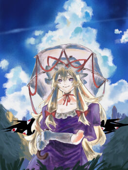 1girl blonde_hair blue_eyes blue_sky bow closed_mouth cloud dress elbow_gloves frilled_hat frilled_sleeves frills gap_(touhou) gloves hair_between_eyes hair_bow hat highres holding holding_umbrella long_hair mob_cap oftooon parasol pink_hat puffy_short_sleeves puffy_sleeves purple_dress red_bow red_ribbon ribbon short_sleeves sky smile solo touhou umbrella very_long_hair white_gloves yakumo_yukari