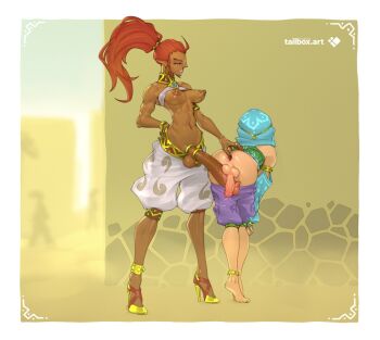 1boy 1girl aquiline_nose barefoot bent_over big_hair bracelet breasts clothes_pull cock_ring crossdressing crossdressing_(mtf) dark-skinned_female dark_skin earrings futa_with_male futanari gerudo gerudo_set_(zelda) harem_pants high_heels highres hoop_earrings huge_penis imminent_penetration jewelry link long_hair medium_breasts muscular muscular_female nintendo nose outdoors pants pants_pull penis penis_out penises_touching pointy_ears ponytail purple_pants red_hair sex_toy spreading_another's_anus standing tailbox testicles the_legend_of_zelda the_legend_of_zelda:_breath_of_the_wild