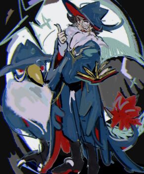 1boy alternate_costume beak bird black_background black_eyes black_hair black_shoes blue_coat blue_hat blue_pants book bright_pupils coat cosplay fluffy full_body fur_trim gen_4_pokemon giacomo_(pokemon) hat homes3eethome honchkrow honchkrow_(cosplay) looking_at_viewer male_focus monocle nintendo pants pointing pointy_hair pokemon pokemon_sv shoes short_hair simple_background standing white_pupils