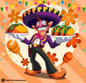 1boy absurdres alternate_costume artist_request belt confetti facial_hair food full_body gloves hat highres mariachi mario_(series) mexico mustache nintendo orange_background shoes smile sombrero taco teeth tray waluigi