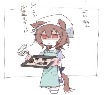 Rule 34 | 1girl, agnes tachyon (umamusume), animal ears, apron, beer hsk, blue apron, bronya zaychik, commentary request, cropped legs, frilled skirt, frills, hair between eyes, headscarf, holding, horse ears, horse girl, horse tail, oven mitts, parted lips, pleated skirt, purple shirt, red eyes, school uniform, shaded face, shirt, skirt, smile, solo, squiggle, tail, thighhighs, tracen school uniform, translation request, umamusume, white background, white skirt, white thighhighs