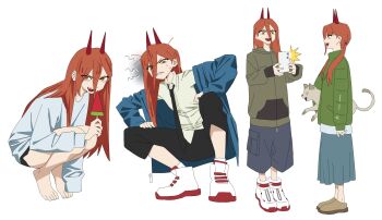 1girl absurdres animal barefoot black_necktie black_pants black_shorts blue_coat blue_skirt breasts brown_shoes cat chainsaw_man clenched_teeth coat collared_shirt cross-shaped_pupils demon_girl demon_horns food fruit full_body furrowed_brow green_coat grey_jacket hair_between_eyes hair_tie highres holding holding_animal holding_cat holding_phone horns jacket long_hair low_twintails medium_breasts meowy_(chainsaw_man) messy_hair multiple_views necktie open_mouth orange_hair pants phone plumblossom91 power_(chainsaw_man) red_hair red_horns sharp_teeth shirt shoes shorts skirt smile sneakers solo squatting sweatdrop symbol-shaped_pupils taking_picture teeth twintails watermelon watermelon_slice white_background white_shirt white_shoes