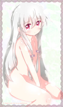 1girl absurdres armpit_crease between_legs blurry bokeh censored censored_nipples closed_mouth collarbone completely_nude convenient_censoring copyright_name depth_of_field expressionless framed from_side hair_between_eyes hair_censor hair_ribbon hand_between_legs highres hotaruru long_hair looking_at_viewer looking_away nude pink_eyes ribbon shiny_skin silver_hair sitting solo sophie_twilight thighs tonari_no_kyuuketsuki-san tress_ribbon v_arms very_long_hair