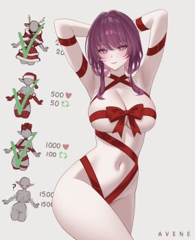 armpits arms_behind_head arms_up avene_chan blush breasts christmas closed_mouth commentary english_commentary highres honkai:_star_rail honkai_(series) kafka_(honkai:_star_rail) large_breasts naked_ribbon purple_eyes purple_hair red_ribbon ribbon simple_background smile twitter_strip_game_parody white_background