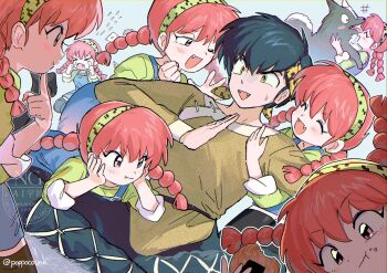 1boy 1girl bandana black_hair braid braided_ponytail dog hibiki_yoiko highres pink_eyes poppoco_nn ranma-chan ranma_1/2 red_hair shirokuro_(ranma_1/2) watermark yellow_bandana yellow_eyes