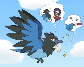 Rule 34 | absurdres, blue sky, closed eyes, closed mouth, cloud, commentary request, corvisquire, day, destin (pokemon), fist bump, flying, from side, full body, gen 8 pokemon, highres, ichigo 15 36, mouth hold, musical note, nintendo, pokemon, pokemon (creature), pokemon focus, pokemon legends: z-a, sky, smile, solo, speech bubble, spoken musical note, thought bubble