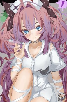 ! +_+ 1girl ahoge bandaged_arm bandaged_leg bandages black_bra black_ribbon blue_eyes blush boboboburning bra breasts cleavage closed_mouth collarbone collared_dress commentary dress fang fingernails hair_intakes hair_ribbon hat highres holding holding_syringe hololive hololive_dev_is kikirara_vivi knee_up large_breasts long_hair looking_at_viewer multicolored_hair nail_polish nurse_cap patchwork_skin pink_hair purple_hair purple_nails ribbon short_sleeves signature skin_fang smile solo syringe thighs torn_clothes torn_dress two-tone_hair underwear virtual_youtuber white_dress white_hat