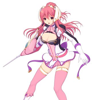 1girl :o boots bow breasts cleavage cleavage_cutout clothing_cutout dress en_ciel_rena en_ciel_rena_(sin) game_cg gloves hair_ornament holding holding_sword holding_weapon kourin_tenshi_en_ciel_rena large_breasts large_variant_set long_hair long_sleeves looking_at_viewer miniskirt non-web_source official_art open_mouth pink_hair pink_skirt pink_thighhighs polearm ponytail red_eyes saitou_natsuki short_dress skirt solo suhamaya sword thighhighs tomoe_rena transparent_background variant_set weapon white_gloves zettai_ryouiki