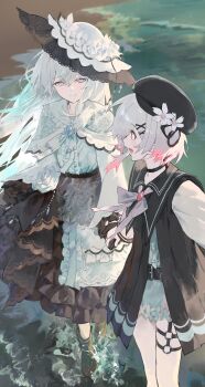 024th 2girls absurdres artist_request beach black_dress black_gloves black_hat chinese_commentary closed_mouth commentary_request commission dress flower frilled_dress frilled_sleeves frills full_body gloves grey_hair hair_ornament hat hat_flower highres holding_hands long_hair long_sleeves looking_at_another looking_back mahou_shoujo_no_majo_saiban multicolored_hair multiple_girls neck_ribbon o-ring o-ring_thigh_strap open_mouth pink_eyes pink_hair pleated_dress profile ribbon sakuraba_ema second-party_source short_hair shorts smile spoilers standing thigh_strap tsukishiro_yuki water white_flower white_hair white_hat white_ribbon white_shorts x_hair_ornament
