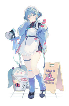 1girl :p apron bandaid bandaid_on_knee bandaid_on_leg belt black_belt black_jacket black_shoes blue_eyes blue_hair blue_jacket blue_nails blue_socks bucket cellphone character_name commentary_request crocs double_bun frilled_apron frills hair_between_eyes hair_bun hair_intakes hatsune_miku highres holding holding_phone jacket long_sleeves loose_socks maid maid_headdress megaphone nail_polish off_shoulder open_clothes open_jacket phone phone_with_ears puffy_long_sleeves puffy_sleeves shoes silltare skindentation sleeves_past_wrists socks solo thigh_belt thigh_strap tile_floor tiles tongue tongue_out vocaloid wet_floor_sign white_apron white_background