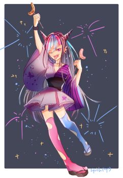 1girl alternate_costume arm_up black_hair black_sash blue_hair blue_streaks border commentary danganronpa_(series) danganronpa_2:_goodbye_despair ear_piercing english_commentary face_piercing food food_request full_body hair_horns highres holding japanese_clothes kimono long_hair mioda_ibuki mismatched_thighhighs mouth_piercing multicolored_hair one_eye_closed open_mouth piercing pink_eyes pink_hair pink_streaks purple_kimono sandals sash smile snowwharasho solo streaked_hair teeth thighhighs third-party_source tongue tongue_out torn_clothes torn_thighhighs upper_teeth_only white_border