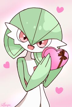 Rule 34 | 1girl, artist name, bob cut, bow, box, brown bow, colored skin, female focus, flat chest, gardevoir, gen 3 pokemon, gift, gift box, green hair, green skin, hair between eyes, hands up, happy, head tilt, heart-shaped box, holding, holding box, holding gift, looking at viewer, monya, multicolored skin, nintendo, open mouth, outline, pink background, pokemon, pokemon (creature), red eyes, short hair, signature, simple background, smile, solo, standing, two-tone skin, upper body, valentine, white outline, white skin