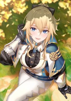 1girl :d adjusting_hair black_bow black_gauntlets blonde_hair blue_capelet blue_eyes bow capelet center_frills crossed_legs frills from_above genshin_impact hair_between_eyes hair_bow highres jean_(genshin_impact) jean_(gunnhildr&#039;s_legacy)_(genshin_impact) long_hair looking_at_viewer mon-chan multicolored_capelet official_alternate_costume open_mouth outdoors pants ponytail smile solo tight_clothes tight_pants vest white_pants white_vest