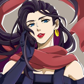 1girl black_dress black_gloves blue_eyes close-up commentary_request dress earrings elbow_gloves eyelashes floating_hair gloves jewelry jojo_no_kimyou_na_bouken lisa_lisa long_hair looking_at_viewer lua-fone-fabre parted_lips red_lips red_scarf scar scarf solo