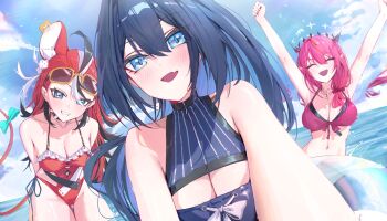 3girls :d absurdres ahoge animal_ears armpits arms_behind_back arms_up bikini black_bikini black_collar black_hair blue_eyes blue_hair blue_one-piece_swimsuit blue_sky bow breasts casual_one-piece_swimsuit cleavage cleavage_cutout closed_eyes clothing_cutout cloud collar colored_tips commentary crystal_wings day dice_hair_ornament double-parted_bangs double_halo english_commentary eyewear_on_head fang frilled_one-piece_swimsuit frills front-tie_bikini_top front-tie_top gluteal_fold grin hair_between_eyes hair_ornament hair_over_shoulder hakos_baelz hakos_baelz_(holonatsu_paradise) halo highres hololive hololive_english holopromise irys_(hololive) irys_(holonatsu_paradise)_(hololive) jewelry large_breasts layered_bikini long_hair looking_at_viewer low_side_ponytail medium_breasts mouse_ears mouse_girl mouse_tail multicolored_hair multiple_girls navel necklace ocean official_alternate_costume official_alternate_hairstyle one-piece_swimsuit open_mouth ouro_kronii ouro_kronii_(holonatsu_paradise) outdoors outstretched_arms pink_bikini pointy_ears ponytail purple_hair reaching reaching_towards_viewer rectangular_eyewear red_hair red_one-piece_swimsuit side-tie_one-piece_swimsuit skin_fang sky smile spiked_collar spikes star_halo stomach streaked_hair sunglasses swim_ring swimsuit tail tail_bow tail_ornament virtual_youtuber white_hair wings yellow-framed_eyewear yoellim5