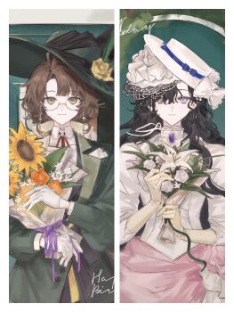 2girls against_door black_hair bouquet brown_hair closed_mouth collared_shirt dress eyewear_strap feathers flower glasses gloves gown green_eyes green_feathers green_hat green_jacket hair_between_eyes hands_up happy_birthday hat hat_feather hat_flower highres holding holding_bouquet isolde_(reverse:1999) jacket juliet_sleeves kakania_(reverse:1999) lily_(flower) long_dress long_hair long_sleeves looking_at_viewer low_ponytail multiple_girls neck_ribbon picture_hat ponytail puffy_sleeves purple_eyes rang_wo_zai_shui_10_fenzhong red_ribbon reverse:1999 ribbon round_eyewear semi-rimless_eyewear shirt smile sunflower tilted_headwear under-rim_eyewear upper_body veil very_long_hair wavy_hair white_dress white_flower white_gloves white_hat white_shirt white_veil yellow_flower yellow_gloves