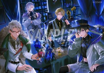 4boys :p alcohol alternate_costume alternate_hair_length alternate_hairstyle aqua_hair armchair arurandeisu badge bare_shoulders belt belt_buckle between_fingers black_belt black_choker black_gloves black_hair black_hat black_jacket black_nails black_shirt black_tank_top black_thighhighs blonde_hair blue_eyes blue_jacket board_game bottle bracelet briefcase buckle building buttons chain chain_necklace chair chess chess_piece chessboard choker coat coin collar_chain_(jewelry) collared_shirt colored_lapels copyright_notice cropped_shirt cup curtained_hair curtains double-breasted drinking_glass earrings fedora feet_out_of_frame flower formal_clothes fur-trimmed_coat fur-trimmed_jacket fur_trim glasses gloves go_(board_game) gold_coin gold_necklace gradient_clothes gradient_jacket green_eyes grey_hair hair_between_eyes hair_ornament hair_over_one_eye hairclip hand_on_own_cheek hand_on_own_face hand_on_own_knee hand_to_own_mouth hands_in_pockets hands_up harness hat holding holding_coin holding_cup holostars house_of_cards indoors jacket jewelry kanade_izuru kishido_temma lapels lightning_bolt lightning_bolt_hair_ornament lightning_bolt_symbol long_hair long_sleeves looking_at_viewer mafia male_focus midriff multicolored_hair multiple_boys multiple_necklaces muntins nail_polish necklace necktie night notched_lapels o-ring o-ring_belt o-ring_harness off_shoulder official_art open_clothes open_jacket pants paper parted_bangs parted_lips pendant pierced_hat pink_hair print_jacket purple_eyes purple_hair purple_jacket red_wine rose sample_watermark shirt short_hair shorts sitting skyscraper sleeves_rolled_up smile standing streaked_hair suit suspender_shorts suspenders table tablecloth tank_top thighhighs tongue tongue_out two-sided_fabric two-sided_jacket ueauwa upper_body utsugi_uyu vase very_long_hair vest virtual_youtuber wallet_chain watermark white_belt white_hair white_jacket white_necktie white_pants white_shorts white_suit white_vest window wine wine_bottle wine_glass yellow_coat yellow_flower yellow_necktie yellow_rose