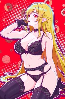 1girl absurdres bare_arms bare_shoulders black_bra black_choker black_garter_belt black_gloves black_panties black_thighhighs blonde_hair bow bow_bra bow_panties bra breasts chocolate_donut choker cleavage collarbone donut donut_background fang finn_flint food full_body garter_belt gem gloves hand_in_own_hair highres lace-trimmed_garter_belt lace_trim large_breasts lingerie long_hair monogatari_(series) navel open_mouth oshino_shinobu panties pointy_ears polka_dot red_background red_eyes red_gemstone seiza sidelocks sitting slit_pupils solo stomach straight_hair thighhighs thighs underwear very_long_hair
