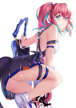 1girl absurdres aqua_hair ass ban_tang black_dress blue_eyes breasts chinese_commentary commentary_request delta_(honkai_impact) dress highres holding holding_sword holding_weapon honkai_(series) honkai_impact_3rd looking_at_viewer multicolored_hair panties pink_hair planted planted_sword planted_weapon rozaliya_olenyeva shoes short_hair simple_background small_breasts solo squatting sword thong twintails two-tone_hair underwear weapon white_background white_panties white_shoes