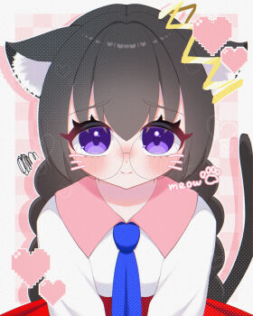 Rule 34 | 1girl, alt 0218, animal ears, black hair, blush, cat ears, cat tail, checkered background, commentary, crown, heart, highres, kemonomimi mode, kirby (series), kirby 64, long hair, looking at viewer, nintendo, paw print, purple eyes, ripple star queen, symbol-only commentary, tail