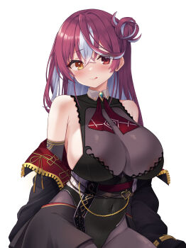 1girl :p absurdres areola_slip armpit_crease asymmetrical_hair belt black_jacket black_leotard black_pantyhose black_skirt blue_gemstone blush breasts brooch brown_belt chain cleavage closed_mouth colored_inner_hair commentary covered_navel crossed_bangs elbow_gloves gem gloves gold_trim grey_gloves groin gyoza_(pixiv17855879) hair_between_eyes hair_bun heterochromia high-waist_skirt highres hololive houshou_marine houshou_marine_(marching_band) huge_breasts jacket jewelry lace-trimmed_leotard lace_trim leotard long_bangs long_hair looking_at_viewer multicolored_hair neck_ribbon off_shoulder official_alternate_costume official_alternate_hairstyle one_side_up pantyhose pleated_skirt red_eyes red_hair red_jacket red_ribbon red_sash ribbon sash see-through_clothes see-through_cleavage showgirl_skirt side_up_bun sideboob simple_background single_hair_bun skirt sleeveless smile solo streaked_hair tongue tongue_out two-sided_fabric two-sided_jacket two-tone_hair upper_body virtual_youtuber white_background white_hair yellow_eyes yellow_ribbon
