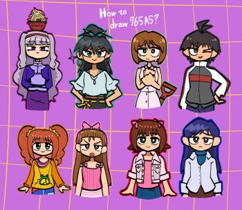 6+girls amami_haruka antenna_hair arms_behind_back black_hair blue_eyes blue_hair bow brown_eyes brown_hair closed_mouth dress earrings fis_(t83192933) food food_on_head ganaha_hibiki green_eyes grey_hair grid_background hagiwara_yukiho hair_bow hairband high_ponytail highres hoop_earrings idolmaster idolmaster_(classic) idolmaster_1 jacket jewelry kikuchi_makoto kisaragi_chihaya long_hair long_sleeves looking_at_viewer minase_iori multiple_girls multiple_hair_bows necklace nervous_sweating object_on_head one_eye_closed open_mouth orange_hair orange_sleeves pink_bow pink_hairband pink_tank_top ponytail purple_background purple_eyes raised_inner_eyebrows red_hairband shijou_takane shirt short_hair shovel smile striped_tank_top sweat takatsuki_yayoi tank_top twintails v-shaped_eyebrows white_dress white_jacket white_shirt yellow_shirt
