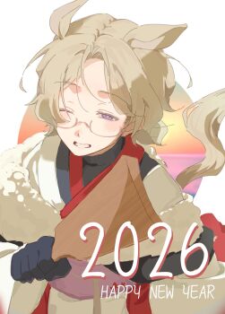1boy 2026 ahoge alternate_costume animal_ears axis_powers_hetalia black_gloves black_shirt blonde_hair blush border canada_(hetalia) english_text evening floral_print fur_trim glasses gloves half-closed_eye hand_up happy_new_year highres horse_ears horse_tail japanese_clothes kemonomimi_mode kimono leaf_print long_sleeves looking_at_viewer male_focus maple_leaf_print new_year ocean one_eye_closed orange_sky osyusyu92 outside_border pink-framed_eyewear purple_eyes purple_sash sash semi-rimless_eyewear shirt short_hair sky smile solo sun sunset tail tassel teeth turtleneck turtleneck_shirt wavy_hair white_border white_kimono wide_sleeves