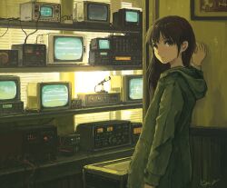 Rule 34 | 1girl, brown eyes, brown hair, crt, earrings, hood, hooded coat, jewelry, kensight328, long hair, looking to the side, microphone, monitor, original, oscilloscope, picture frame, signature, solo, standing, window, wire