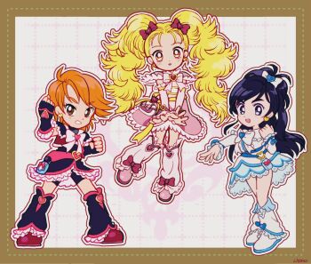 3girls bag_bow belt belt_bag belt_buckle black_arm_warmers black_dress black_eyes black_hair black_leg_warmers black_shorts blonde_hair blue_bag blue_belt blue_border border bow bow_legwear bowtie bright_pupils brooch brown_border brown_eyes brown_shoes buckle cellphone clenched_hand clenched_hands clenched_teeth commentary cosmetics cure_black cure_white deformed determined dot_nose dotted_line dress earrings expressionless eyelashes fighting_stance fingerless_gloves forehead frilled_arm_warmers frilled_dress frilled_leg_warmers frilled_sleeves frills full_body futari_wa_precure futari_wa_precure_max_heart gloves gold_buckle gold_earrings grid_background hair_bow hair_ornament heart heart-shaped_buckle heart_brooch heart_earrings heart_hair_ornament heart_o-ring high_ponytail highres jewelry kujou_hikari lace lace-trimmed_dress lace_trim leg_warmers light_blush long_hair looking_at_viewer magical_girl medium_dress misumi_nagisa multiple_girls o-ring o-ring_belt open_mouth orange_hair outline outside_border outstretched_arm palms parted_lips phone pink_belt pink_bow pink_bowtie pink_dress pink_ribbon pink_shoes ponytail precure red_vest ribbon shiny_luminous shoes short_dress short_hair short_ponytail short_sleeves shorts shorts_under_dress signature split_ponytail standing swept_bangs tareme teeth thick_eyebrows tsurime twintails two-tone_bag upper_teeth_only uwded_207 v-shaped_eyebrows very_long_hair vest white_arm_warmers white_background white_bag white_bow white_bowtie white_dress white_leg_warmers white_outline white_pupils white_shoes wrist_ribbon yellow_belt yellow_eyes yukishiro_honoka