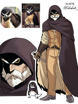 1boy artist_name artist_self-insert beard belt belt_buckle bird bird_boy black_cloak brown_belt brown_cloak brown_pants brown_shirt brown_vest buckle cloak creature_and_personification dagger dress_shoes facial_hair full_body gegegekman grey_shoes highres holding holding_dagger holding_knife holding_weapon hood hood_up knife korean_text loafers male_focus multiple_views mustache old old_man original outline owl owl_boy pants personification reference_inset shaded_face shirt shoes signature simple_background solo_focus twitter_username two-sided_fabric v-shaped_eyebrows v-shaped_eyes vest waistcoat weapon white_background white_hair white_outline yellow_eyes