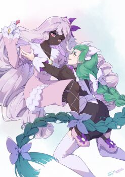 2girls absurdres bow braid chain commentary_request dark-skinned_female dark_skin dress eye_contact eyelashes gloves green_hair hair_bow hand_up headdress high_heels highres holding jacinthe_(pokemon) knees lebanne_(pokemon) long_hair long_sleeves looking_at_another multiple_girls nintendo open_mouth pokemon pokemon_legends:_z-a puffy_sleeves qiyi_7117 smile teeth thighhighs tilted_headwear yellow_eyes