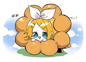 1girl blonde_hair blue_eyes blush bow_hairband chibi doughnut fang food hair_ornament hairband hairclip headphones in_food kagamine_rin kaho_0102 lion_tail open_mouth pon_de_ring smile solo tail translation_request vocaloid