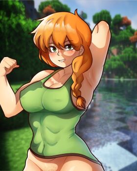 1girl alex_(minecraft) arm_behind_head armpits blurry blurry_background blush body_freckles bottomless braid breasts cleavage clenched_hand covered_erect_nipples cowboy_shot female_focus female_pubic_hair flexing freckles game_screenshot_inset green_eyes green_tank_top grin hair_between_eyes highres johnv long_hair looking_at_viewer minecraft muscular muscular_female orange_hair pubic_hair side_braid smile solo tank_top
