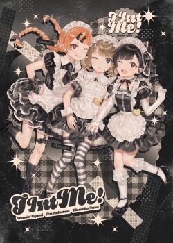 3girls ;d ;o ;q absurdres apron black_arm_warmers black_bow black_dress black_hair black_necktie black_ribbon black_shoes black_socks black_thighhighs blue_eyes bow braid breasts brown_hair character_name closed_mouth collared_dress commentary_request dress elbow_gloves floating_hair frilled_bow frills full_body gloves hair_bow hand_on_own_hip highres holding_hands idolmaster idolmaster_million_live! loafers long_hair looking_at_viewer maid maid_apron maid_headdress mary_janes medium_hair multicolored_thighhighs multiple_girls nakatani_iku neck_ribbon necktie ogami_tamaki one_eye_closed open_mouth orange_eyes orange_hair puffy_short_sleeves puffy_sleeves red_eyes ribbon shoes short_hair short_sleeves small_breasts smile socks striped_clothes striped_thighhighs suou_momoko thighhighs tint_me_(idolmaster) tongue tongue_out twin_braids two-tone_thighhighs waist_apron white_apron white_gloves white_socks white_thighhighs white_wrist_cuffs wrist_cuffs yatatashira