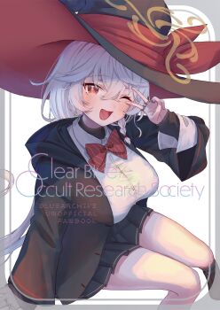 1girl absurdres black_hat black_robe blue_archive blush book bow breasts card collared_shirt comiket_107 commentary_request diagonal-striped_bow diagonal-striped_clothes eri_(blue_archive) hair_between_eyes halo hat highres jewelry large_breasts long_hair long_sleeves looking_at_viewer low-tied_long_hair multicolored_hair multiple_wings one_eye_closed open_mouth orange_eyes orange_halo red_hair ring robe shirt simple_background smile solo striped_bow striped_clothes take-run-atelier tilted_halo v watermark white_hair white_shirt wings witch_hat